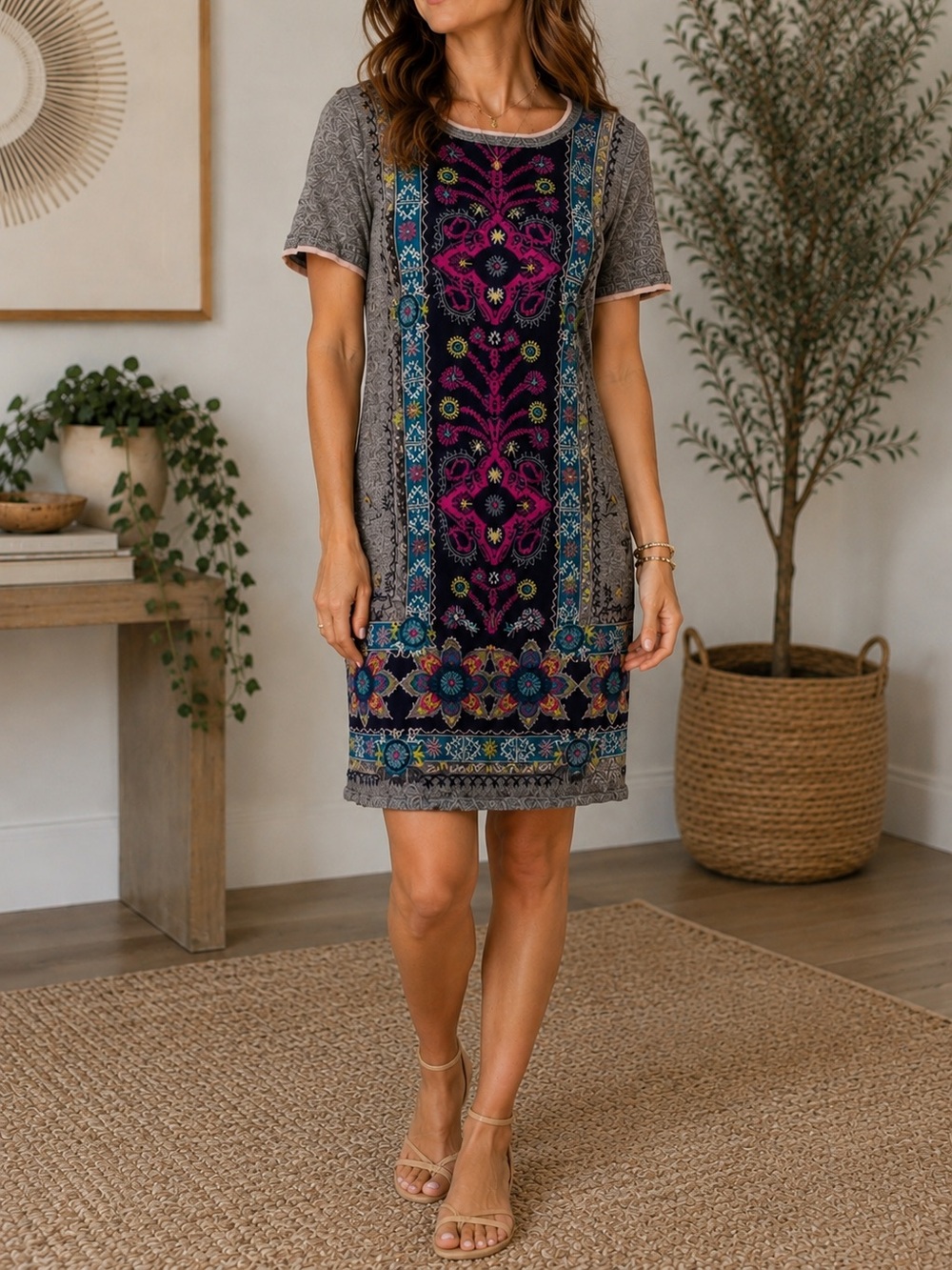 Anthropologie Akemi + Kin Knit Sweater Dress Medium Jewel Tones Gray Boho Print